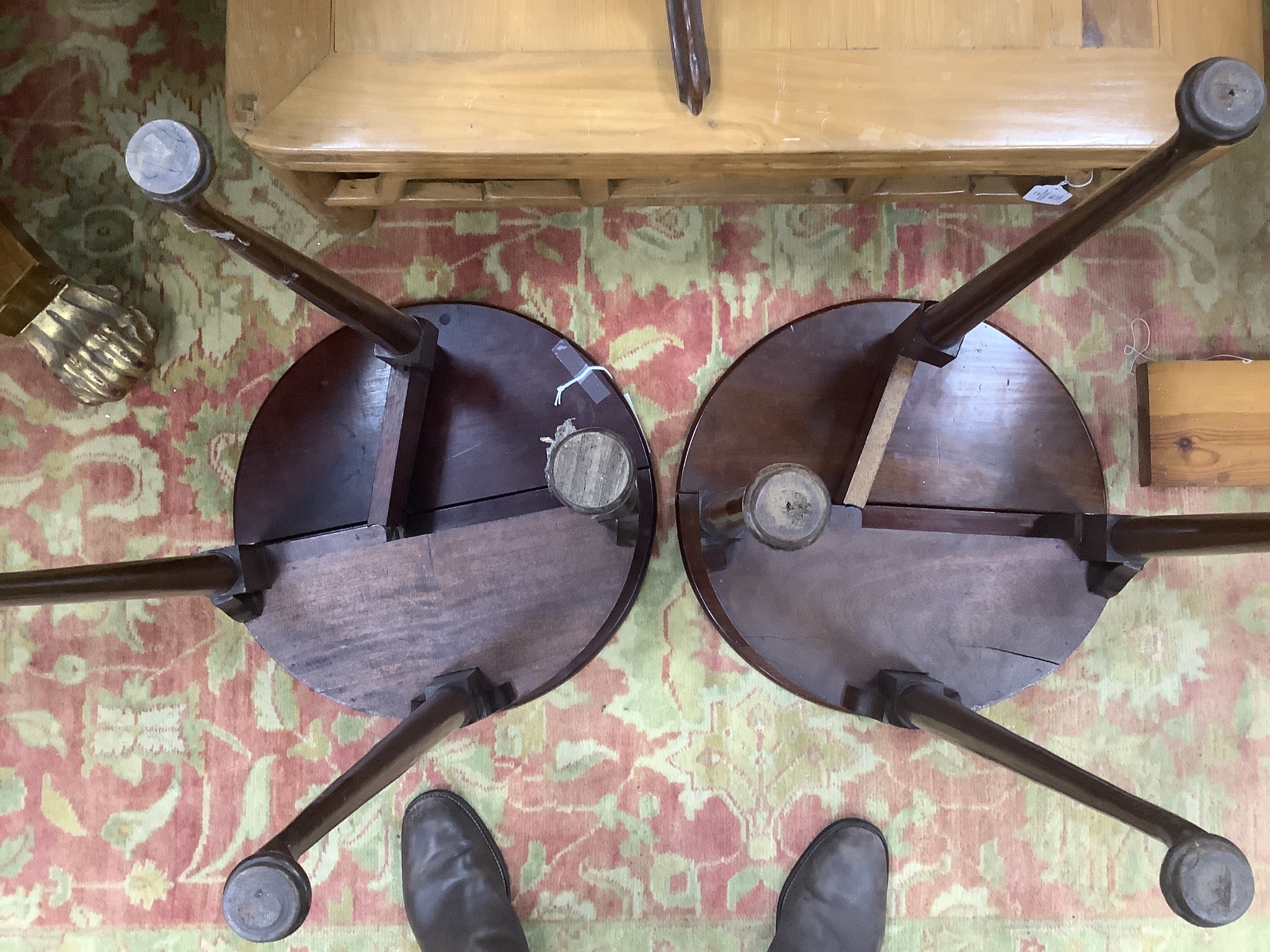 A near pair of small George II style red walnut D shaped folding tea tables, width 45cm, depth 22cm, height 74cm